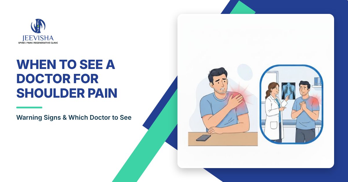 Illustration of a man with shoulder pain and a doctor consultation